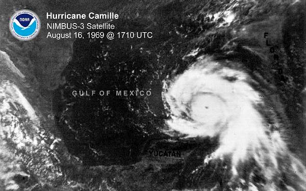 NIMBUS-3 satellite image of Hurricane Camille over the Gulf of Mexico on August 16, 1969, 1710 UTC